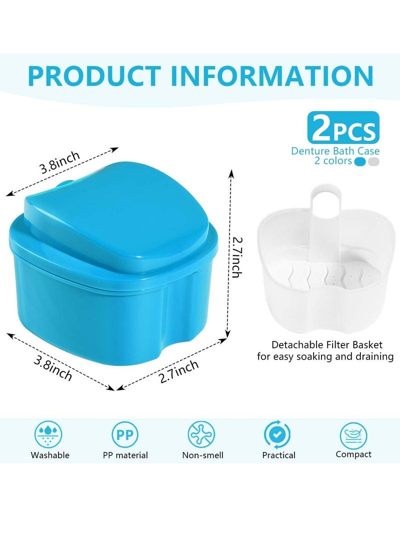 KISEER 2 Pack Colors Denture Bath Case Cup Box Holder Storage Soak Container with Strainer Basket for Travel Cleaning (Light Blue, White)  - Image 2