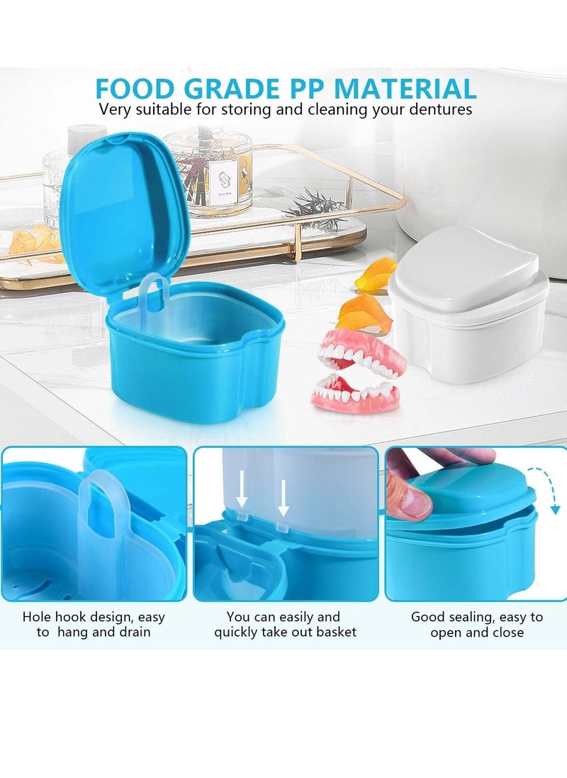 KISEER 2 Pack Colors Denture Bath Case Cup Box Holder Storage Soak Container with Strainer Basket for Travel Cleaning (Light Blue, White)  - Image 4