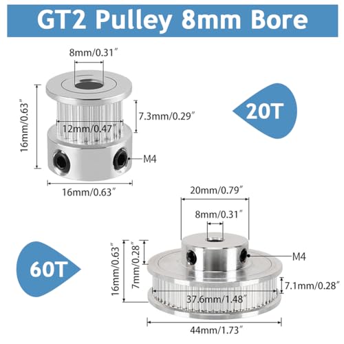 Serplex® Synchronous Wheel For 3D Printer Timing Pulley Printer Timing Gear for 3D Printer with FDM Tech 20 & 60 Teeth 8mm Bore Aluminum Timing Pulley with Length 200mm x6mm Belt - Image 2