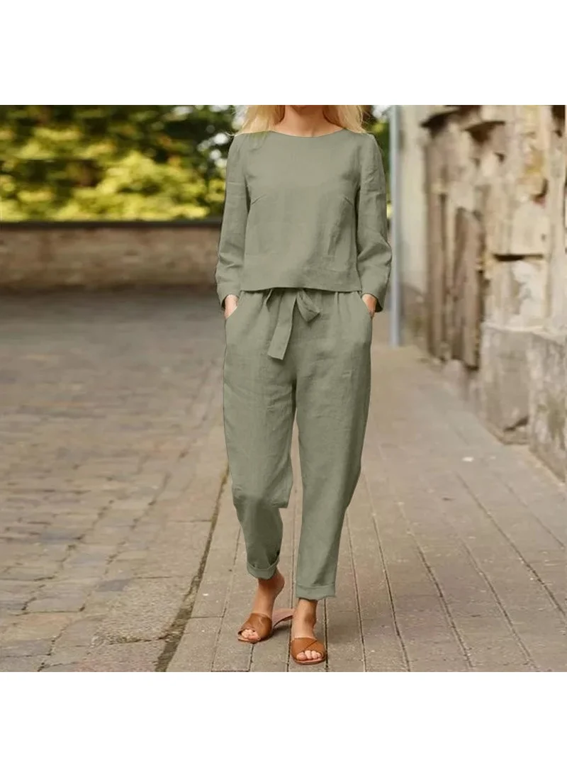 Barbora Linen Casual Comfortable Waist Belted Women's Two Piece Set Top and Bottom