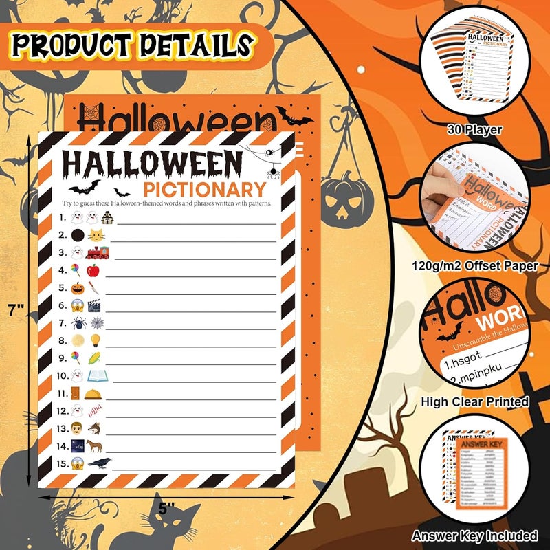COCHIE 30 Players Halloween Party Games for Adults Family Office Large Groups, Words Pictionary Game, Guesstures Game, Word Scramble Games with Answer Key (Halloween Orange) - Image 3