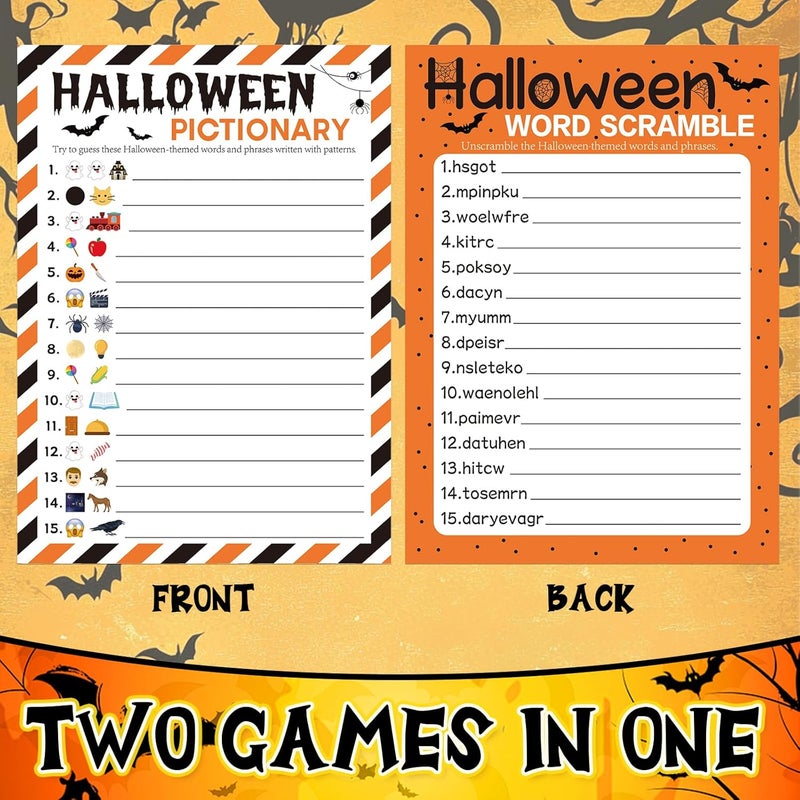 COCHIE 30 Players Halloween Party Games for Adults Family Office Large Groups, Words Pictionary Game, Guesstures Game, Word Scramble Games with Answer Key (Halloween Orange) - Image 2