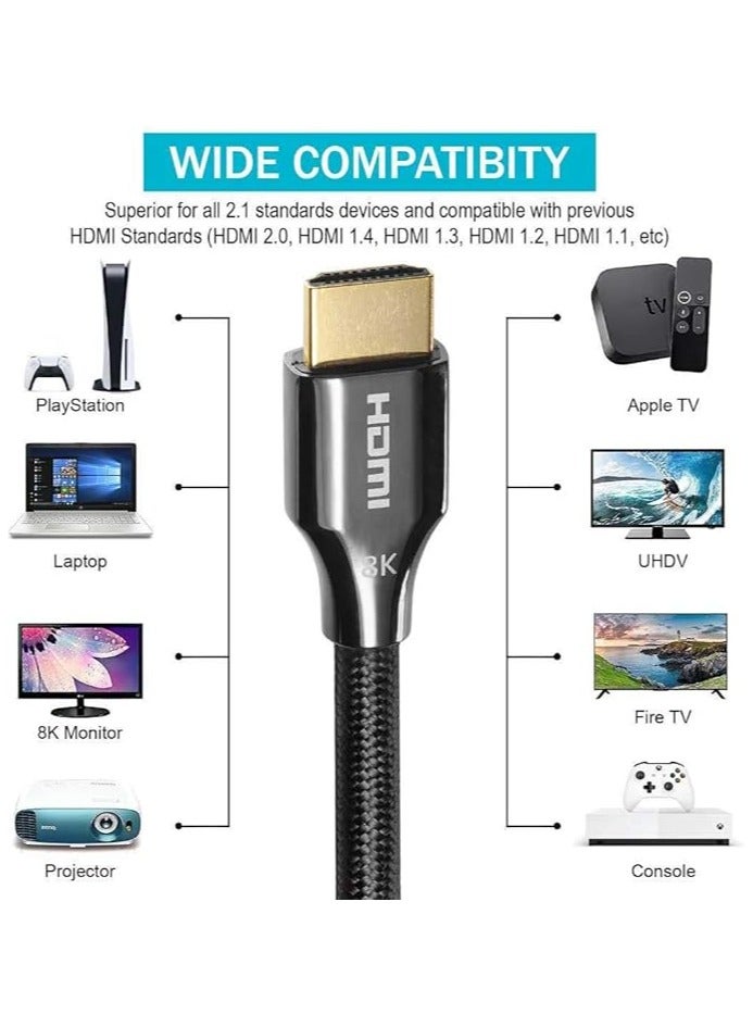 8K HDMI 2.1 Cable – 2m Nylon Braided | 48Gbps Ultra High Speed | 4K@120Hz, 8K@60Hz | eARC, HDR, Dolby Vision – for PS5, Xbox, OLED/QLED TV  - Image 2