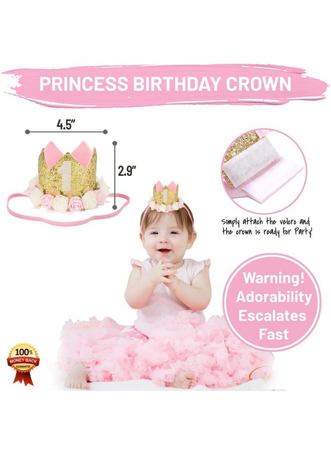 PartyHooman 1st Birthday Girl Decorations WITH Crown - 1 Year Old Baby First Birthday Decorations Girl - Princess Theme Cake Smash Party Supplies - ONE High Chair Banner, Cake Topper, No.1 Flower Crown - Image 4