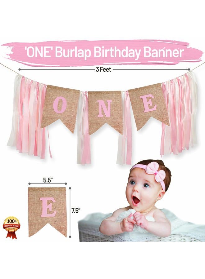 PartyHooman 1st Birthday Girl Decorations WITH Crown - 1 Year Old Baby First Birthday Decorations Girl - Princess Theme Cake Smash Party Supplies - ONE High Chair Banner, Cake Topper, No.1 Flower Crown - Image 2