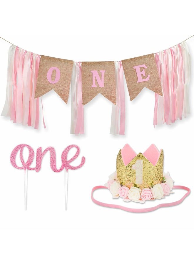 PartyHooman 1st Birthday Girl Decorations WITH Crown - 1 Year Old Baby First Birthday Decorations Girl - Princess Theme Cake Smash Party Supplies - ONE High Chair Banner, Cake Topper, No.1 Flower Crown - Image 1