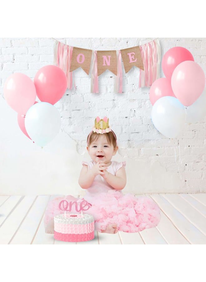 PartyHooman 1st Birthday Girl Decorations WITH Crown - 1 Year Old Baby First Birthday Decorations Girl - Princess Theme Cake Smash Party Supplies - ONE High Chair Banner, Cake Topper, No.1 Flower Crown - Image 5