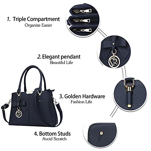 KKXIU 3 Zippered Compartments Purses and Handbags for Women Top Handle Satchel Shoulder Ladies Bags (A-Navy) - Image 4