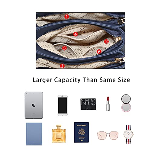 KKXIU 3 Zippered Compartments Purses and Handbags for Women Top Handle Satchel Shoulder Ladies Bags (A-Navy) - Image 5