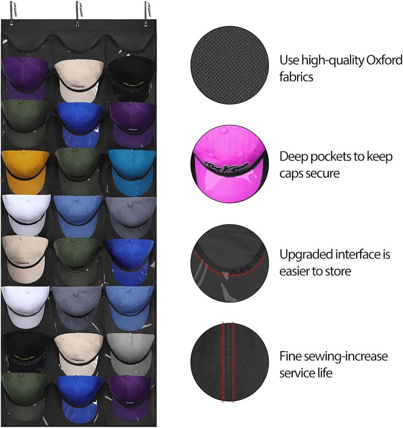 Dofilachy Hat Rack - Hat Organizer - Hat Racks for Baseball Caps, Visible Hat Holder - Baseball Rack for Wall Door with 3 Hooks, 27 Deep Pockets - Image 2