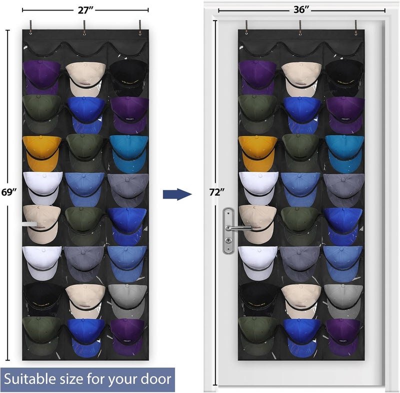 Dofilachy Hat Rack - Hat Organizer - Hat Racks for Baseball Caps, Visible Hat Holder - Baseball Rack for Wall Door with 3 Hooks, 27 Deep Pockets - Image 4