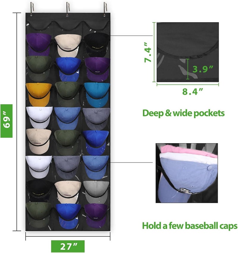 Dofilachy Hat Rack - Hat Organizer - Hat Racks for Baseball Caps, Visible Hat Holder - Baseball Rack for Wall Door with 3 Hooks, 27 Deep Pockets - Image 5
