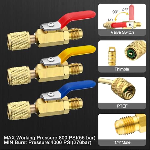 Mudder 7 Pcs Air Conditioning Refrigerant Compact Ball Valve 14 Inch for R410A R134A R12 R22 HVAC Adapter 516Inch Female to 14Inch MaleGold3 Straight Ball Valve 4 Angle Adapter - Image 3