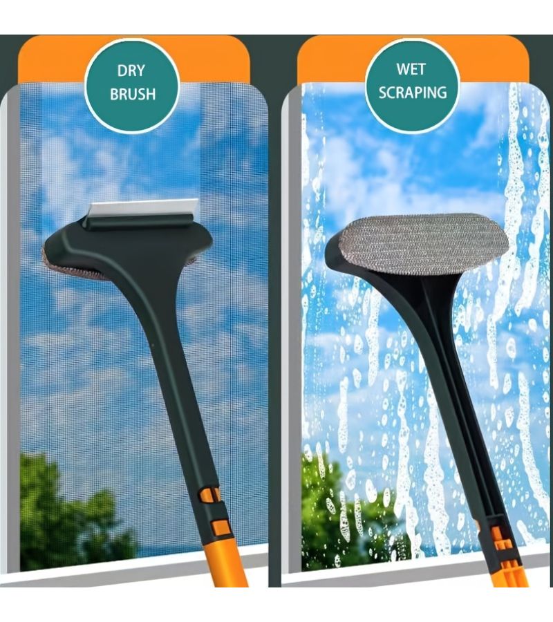 Yellow Handle 2 In 1 Double Sided Window Screen Cleaning Brush With Scraper Long Handle Dry Wet Glass Cleaner - Image 1