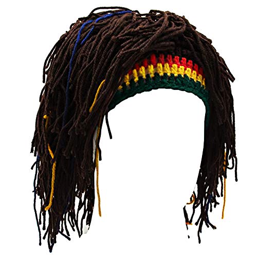 Kirmoo Knit Rasta Beanie Hats for Men Funny Winter Hats for Adults Jamaican Hat with Dreadlocks Fake Dreads Wig (Brown Beanie) - Image 1