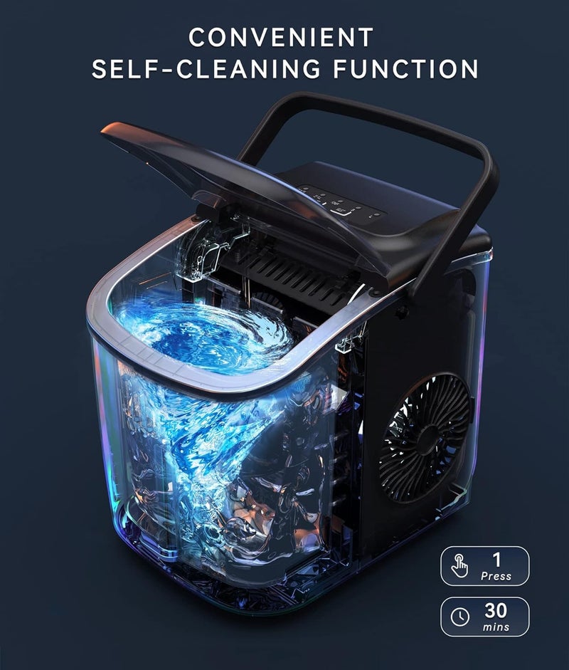 ecozy Portable Countertop Ice Maker - 9 Ice Cubes in 6 Minutes, 12kg Daily Output, Self-Cleaning with Ice Bags, Scoop, and Basket for Kitchen, Office, Bar, Party - Black - Image 3