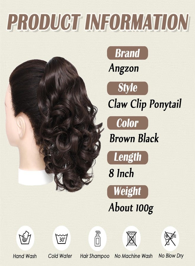 Angzon Ponytail Extension 8 Inch Claw Clip in Ponytail Short Curly Ponytail Extension for Women Fluffy Wavy Curly Synthetic Versatile Brown Black Hairpieces - Image 2