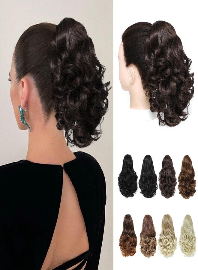 Angzon Ponytail Extension 8 Inch Claw Clip in Ponytail Short Curly Ponytail Extension for Women Fluffy Wavy Curly Synthetic Versatile Brown Black Hairpieces - Image 1