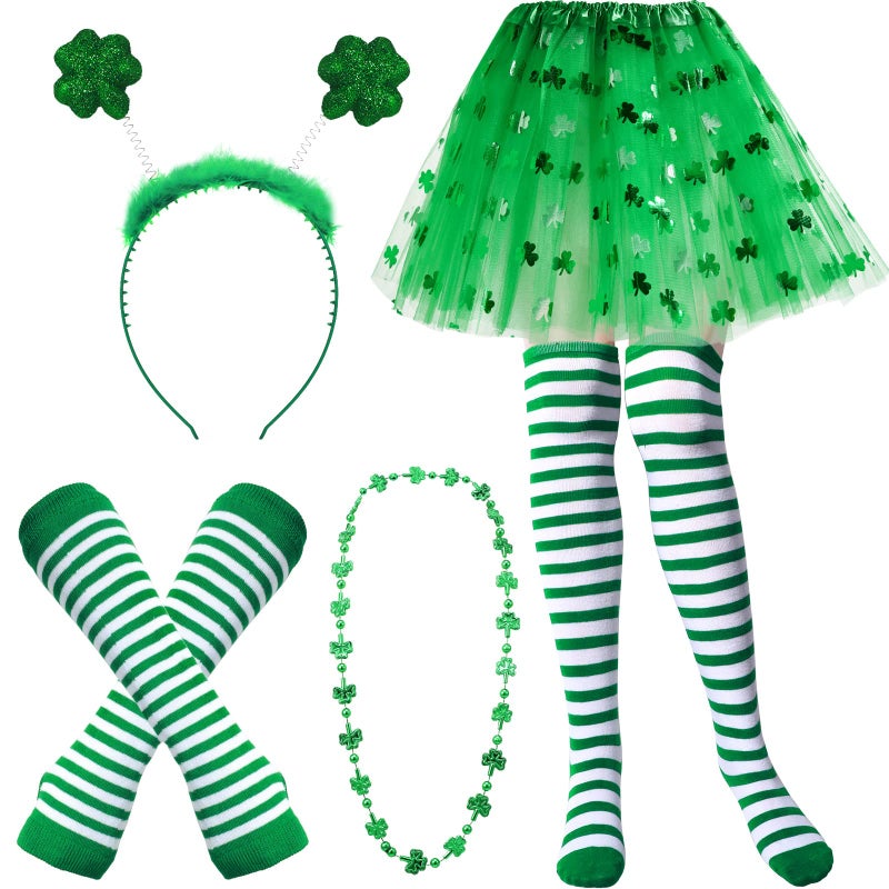Unittype St. Patrick's Day Costume Set Striped Socks Arm Warmer Gloves 3 Layered Tulle Tutu Shamrock Headband Necklaces(Medium) - Image 1