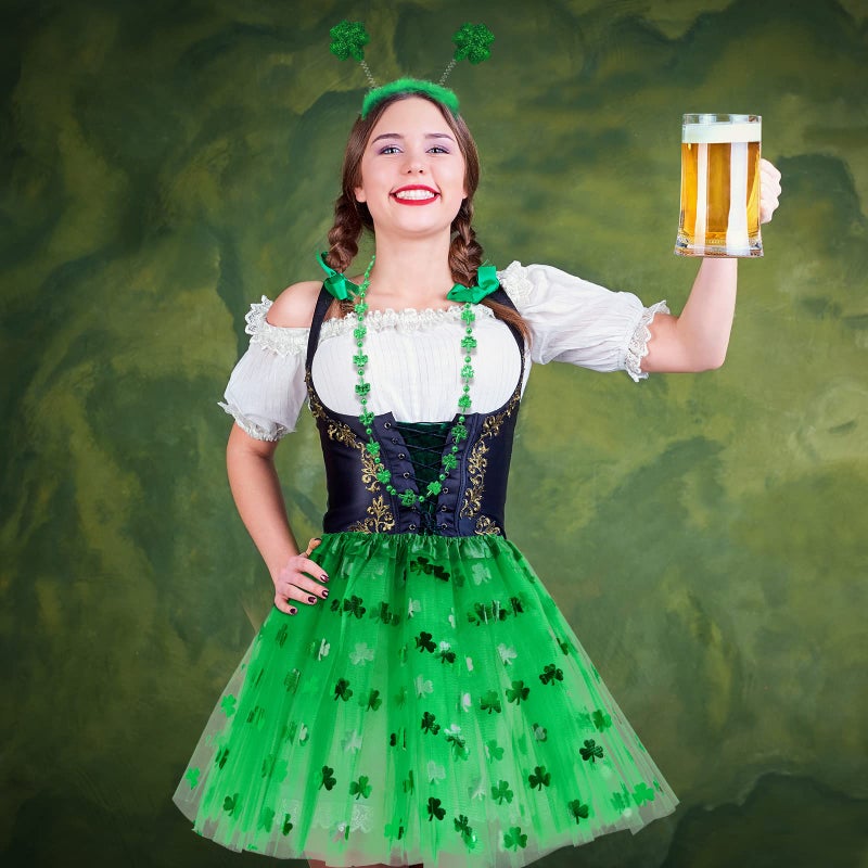 Unittype St. Patrick's Day Costume Set Striped Socks Arm Warmer Gloves 3 Layered Tulle Tutu Shamrock Headband Necklaces(Medium) - Image 4