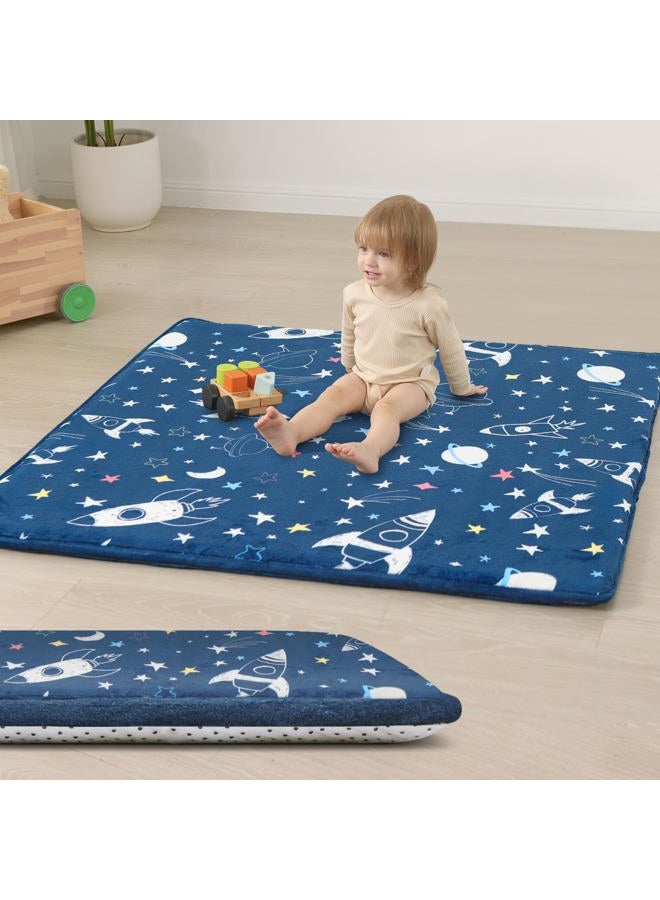 Huloo Sleep Baby Play Mat for Floor,1.3" Thick Cushioned Playpen Mat 50"x50",Extra Soft Elasti-Foam,Water Repellent Coral Velvet,Non-Slip for Crawling&Tummy Time,Infant Toddler Kids Nursery Rug(Space) - Image 1