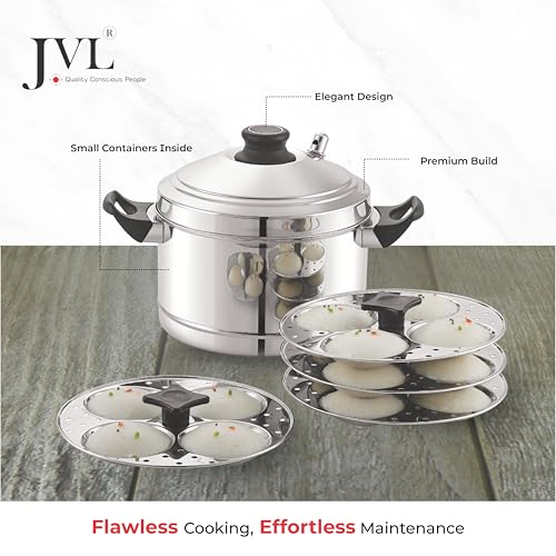 JVL Stainless Steel Triply Base Idli Cooker Gas & Induction Compatible Idly, Dhoklas, Idiyappam, Momo Steamer (Stainless Steel, 6 Plates) Rod + Lifter (Rod or idly stand model) - Image 2