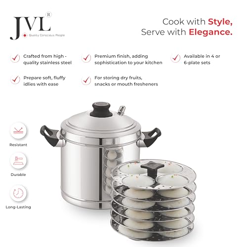 JVL Stainless Steel Triply Base Idli Cooker Gas & Induction Compatible Idly, Dhoklas, Idiyappam, Momo Steamer (Stainless Steel, 6 Plates) Rod + Lifter (Rod or idly stand model) - Image 4