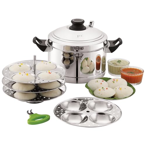 JVL Stainless Steel Triply Base Idli Cooker Gas & Induction Compatible Idly, Dhoklas, Idiyappam, Momo Steamer (Stainless Steel, 6 Plates) Rod + Lifter (Rod or idly stand model) - Image 1