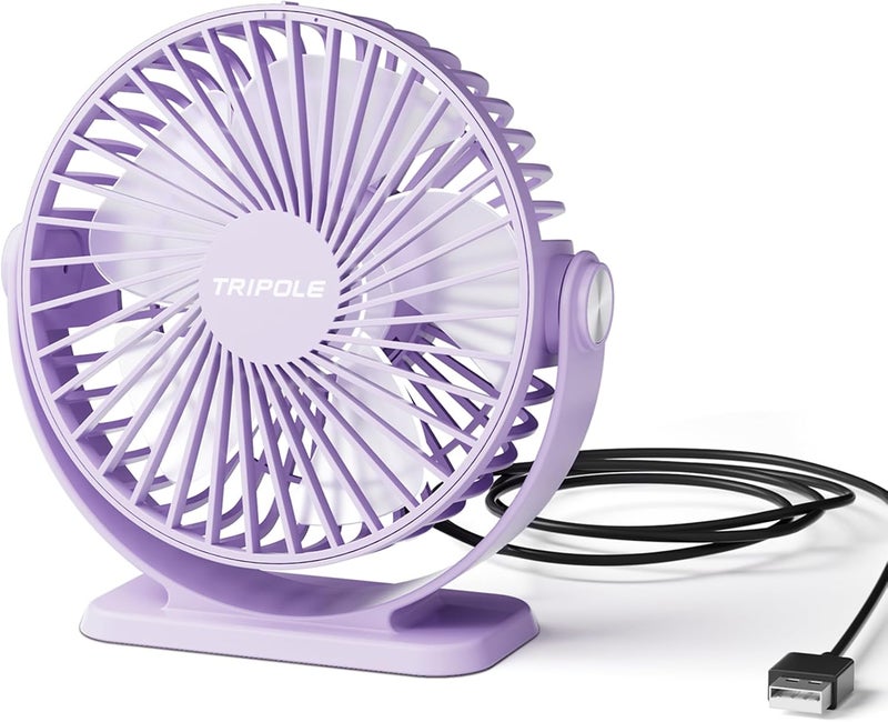 TriPole Desk Fan USB Powered Mini Portable Fan 3 Speeds Strong Airflow Small USB Fans 360°Rotation Personal Travel Fan 5.1 Inch for Home Office Table Bedroom Bedside Desktop, Purple, 4.9ft Cable - Image 1