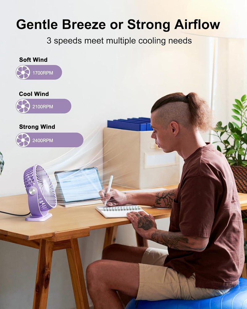 TriPole Desk Fan USB Powered Mini Portable Fan 3 Speeds Strong Airflow Small USB Fans 360°Rotation Personal Travel Fan 5.1 Inch for Home Office Table Bedroom Bedside Desktop, Purple, 4.9ft Cable - Image 3