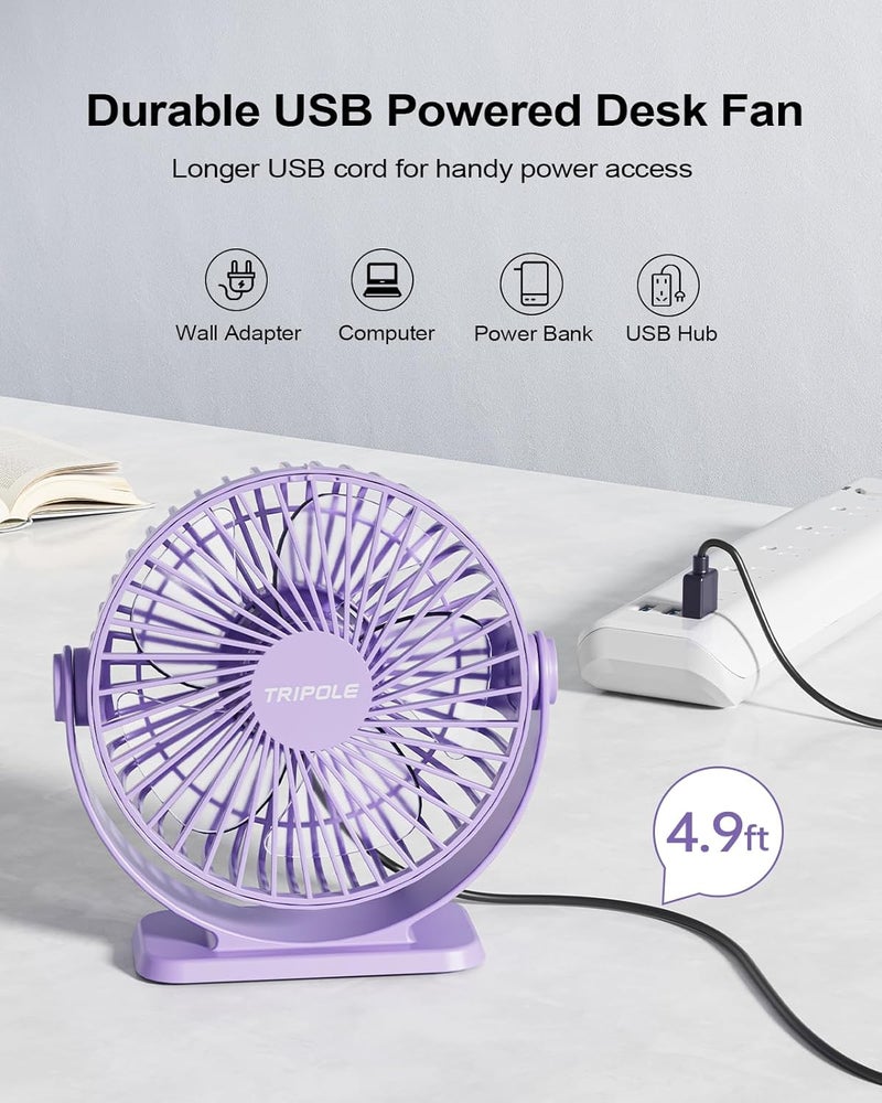 TriPole Desk Fan USB Powered Mini Portable Fan 3 Speeds Strong Airflow Small USB Fans 360°Rotation Personal Travel Fan 5.1 Inch for Home Office Table Bedroom Bedside Desktop, Purple, 4.9ft Cable - Image 2