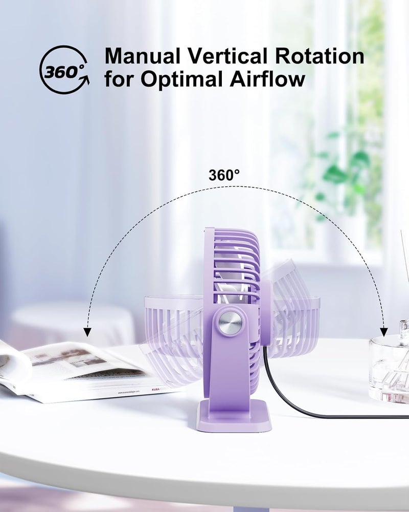 TriPole Desk Fan USB Powered Mini Portable Fan 3 Speeds Strong Airflow Small USB Fans 360°Rotation Personal Travel Fan 5.1 Inch for Home Office Table Bedroom Bedside Desktop, Purple, 4.9ft Cable - Image 4
