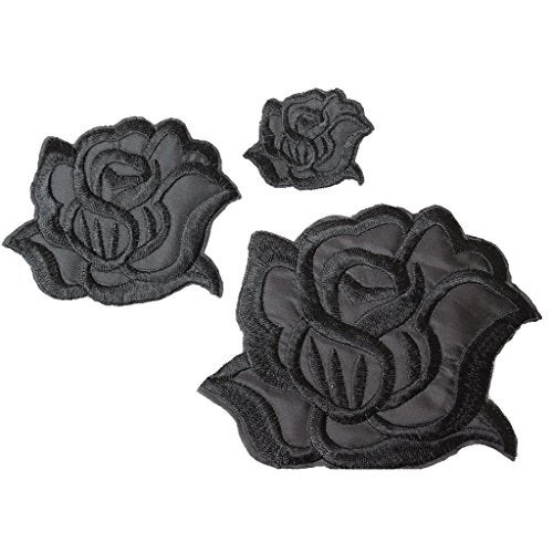 U-Sky Sew or Iron on Embroidered Patches | Classic Black Rose Design | Family Clothing DIY Project | Fashion Jackets Jeans Hoodie Vest Bags Hats | 3 Sizes (4.2"x3.3"+3.1"x2.4"+1.6"x1.3") | 3PCs Pack​ - Image 1