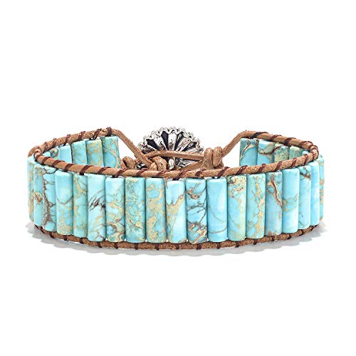 sedmart 7 Chakra Bracelets for Women with Real Stones Leather Wrap Healing Bead Bracelet Women Men Boho Friendship Jewelry… (Flower Button & Turquoise) - Image 2