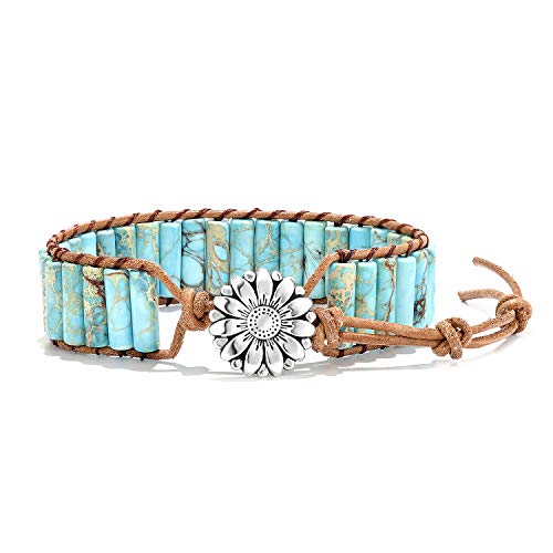 sedmart 7 Chakra Bracelets for Women with Real Stones Leather Wrap Healing Bead Bracelet Women Men Boho Friendship Jewelry… (Flower Button & Turquoise) - Image 1