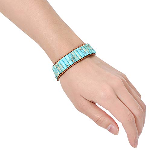 sedmart 7 Chakra Bracelets for Women with Real Stones Leather Wrap Healing Bead Bracelet Women Men Boho Friendship Jewelry… (Flower Button & Turquoise) - Image 5