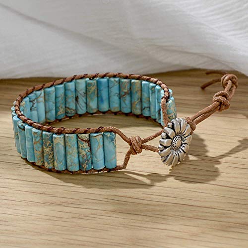 sedmart 7 Chakra Bracelets for Women with Real Stones Leather Wrap Healing Bead Bracelet Women Men Boho Friendship Jewelry… (Flower Button & Turquoise) - Image 3