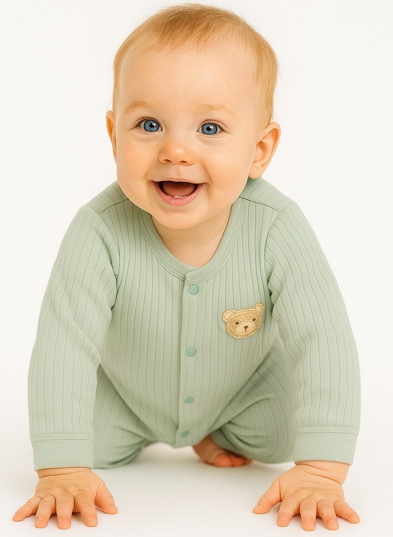 Baby Long Sleeve Romper - 100% Cotton Jacquard Knit, Full Front Snap, Embroidered Bear, Soft & Breathable - For 3-18 Months  - Image 1