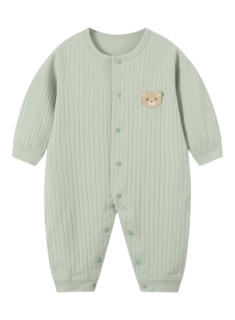 Baby Long Sleeve Romper - 100% Cotton Jacquard Knit, Full Front Snap, Embroidered Bear, Soft & Breathable - For 3-18 Months  - Image 2