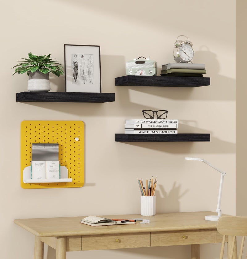VervidaÂ® Floating Shelves for Wall, 15" Rustic Wood Deep Wall Mounted Shelves with Invisible Brackets for Decor & Storage, Floating Shelf for Living Room, Bathroom (Black, Set of 3) - Image 3