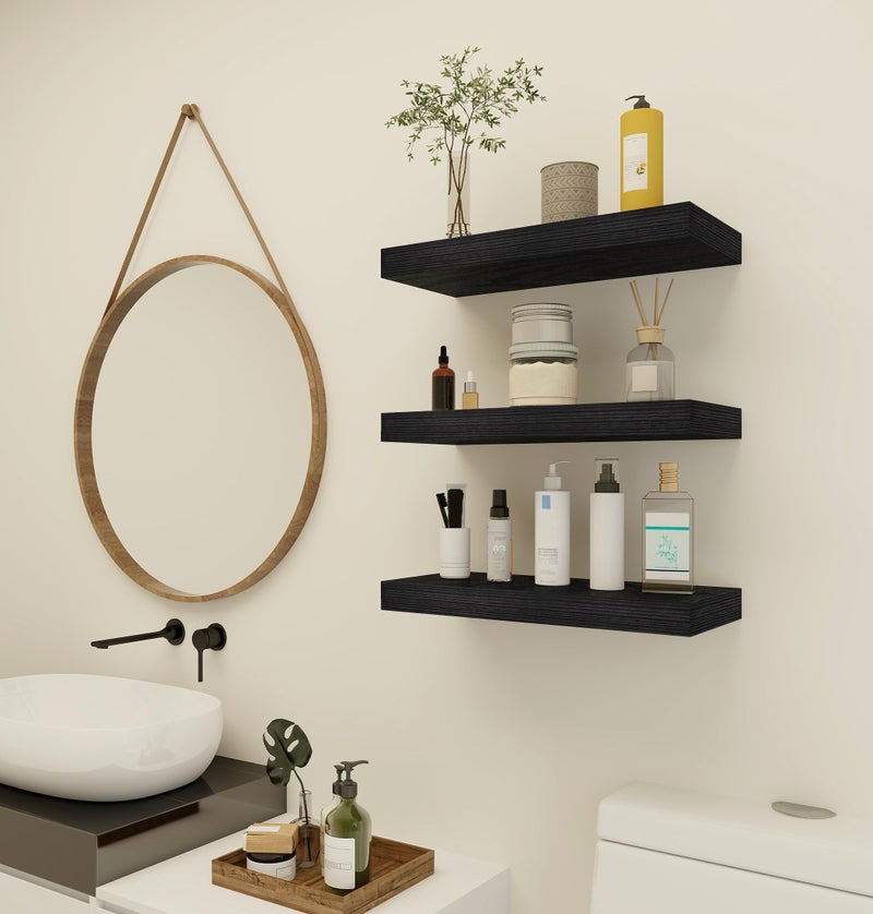 VervidaÂ® Floating Shelves for Wall, 15" Rustic Wood Deep Wall Mounted Shelves with Invisible Brackets for Decor & Storage, Floating Shelf for Living Room, Bathroom (Black, Set of 3) - Image 4