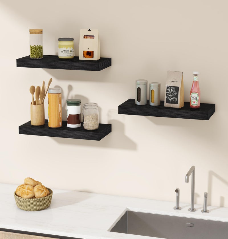 VervidaÂ® Floating Shelves for Wall, 15" Rustic Wood Deep Wall Mounted Shelves with Invisible Brackets for Decor & Storage, Floating Shelf for Living Room, Bathroom (Black, Set of 3) - Image 2