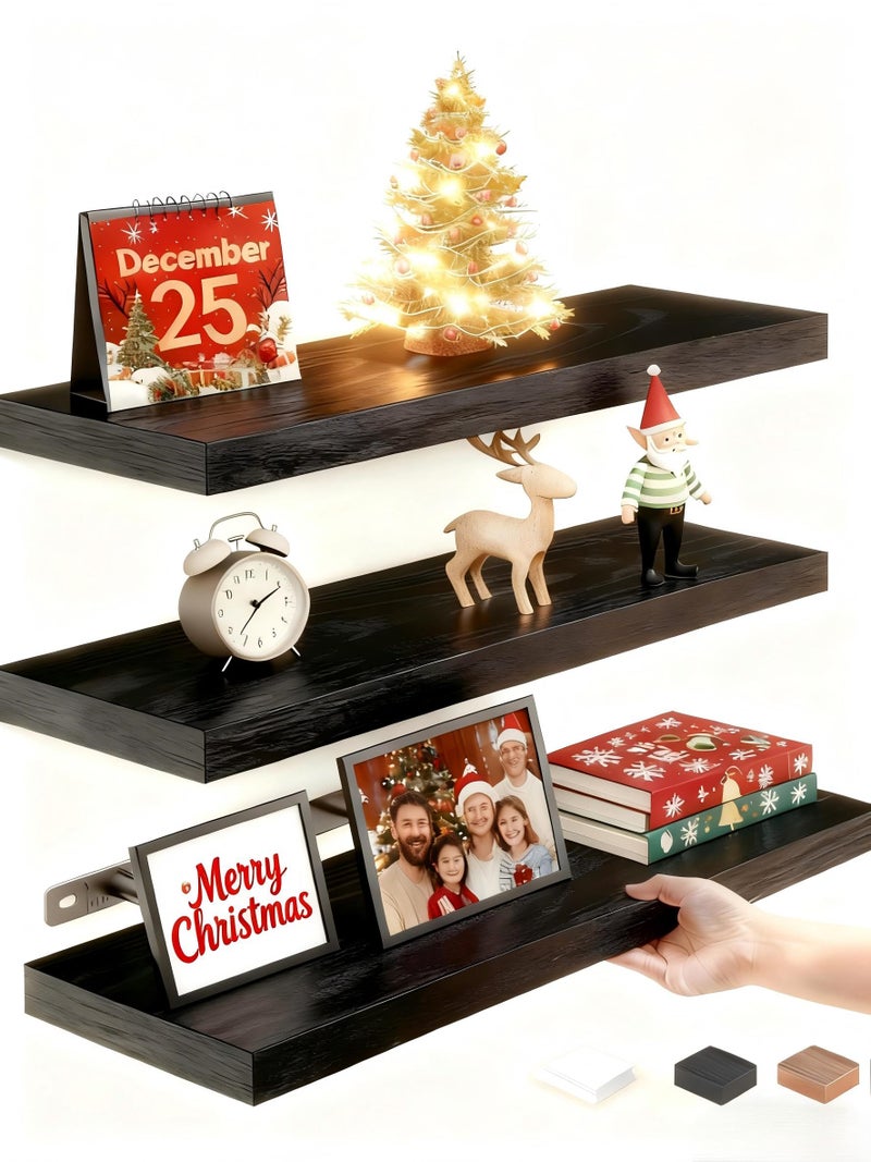 VervidaÂ® Floating Shelves for Wall, 15" Rustic Wood Deep Wall Mounted Shelves with Invisible Brackets for Decor & Storage, Floating Shelf for Living Room, Bathroom (Black, Set of 3) - Image 1