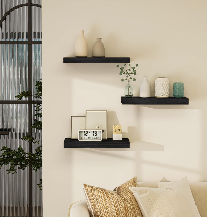 VervidaÂ® Floating Shelves for Wall, 15" Rustic Wood Deep Wall Mounted Shelves with Invisible Brackets for Decor & Storage, Floating Shelf for Living Room, Bathroom (Black, Set of 3) - Image 5