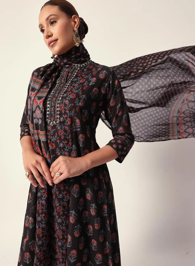 ISHIN Women's Black Cotton Textured Tunic Full Palazzo Regular Fit Kurta Set