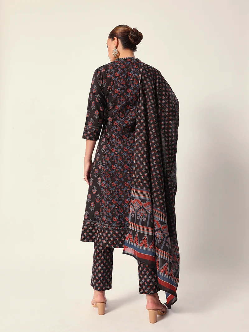 ISHIN Women's Black Cotton Textured Tunic Full Palazzo Regular Fit Kurta Set