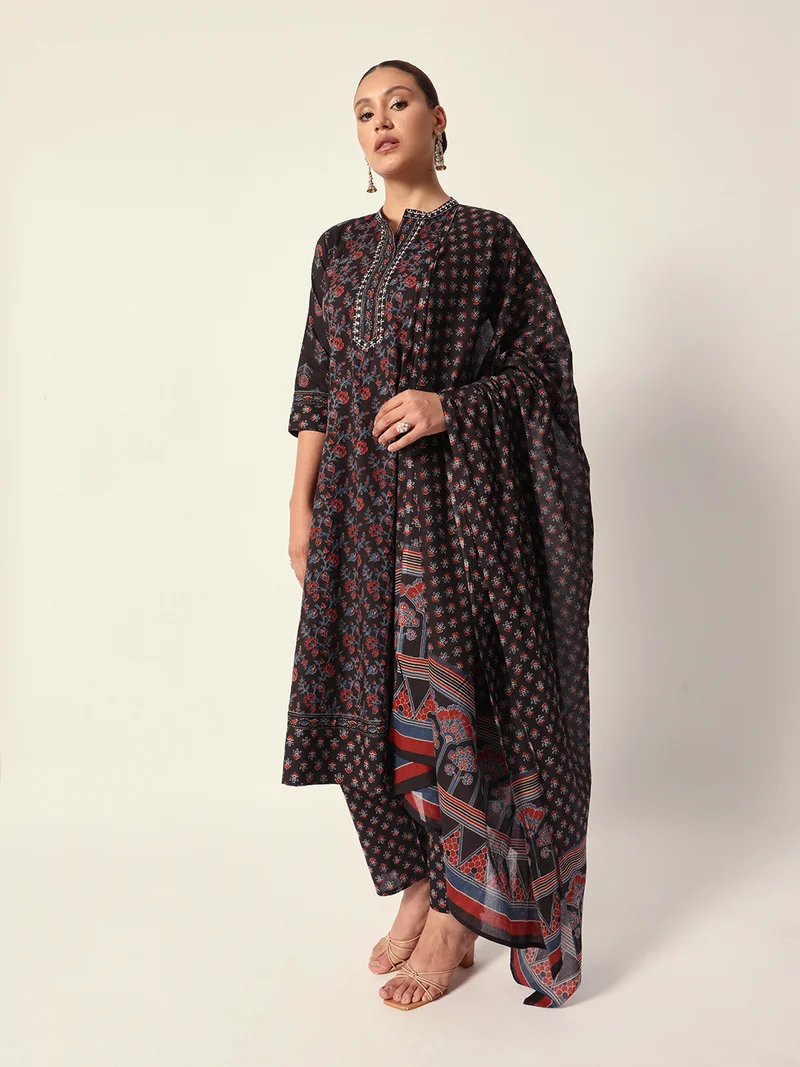 ISHIN Women's Black Cotton Textured Tunic Full Palazzo Regular Fit Kurta Set