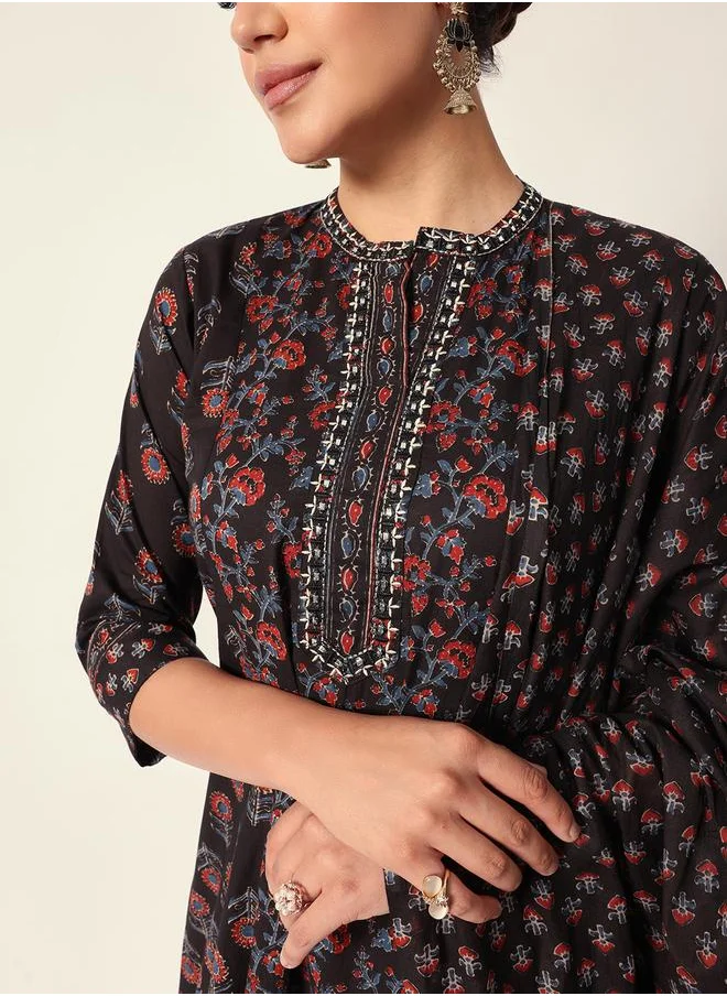 آي شين Women's Black Cotton Textured Tunic Full Palazzo Regular Fit Kurta Set