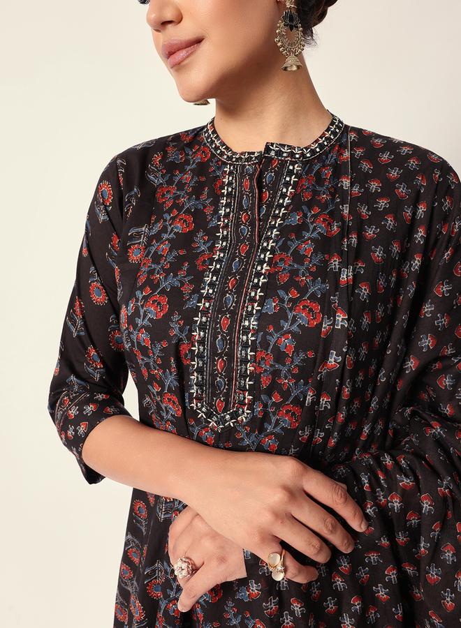ISHIN Women's Black Cotton Textured Tunic Full Palazzo Regular Fit Kurta Set  - Image 2
