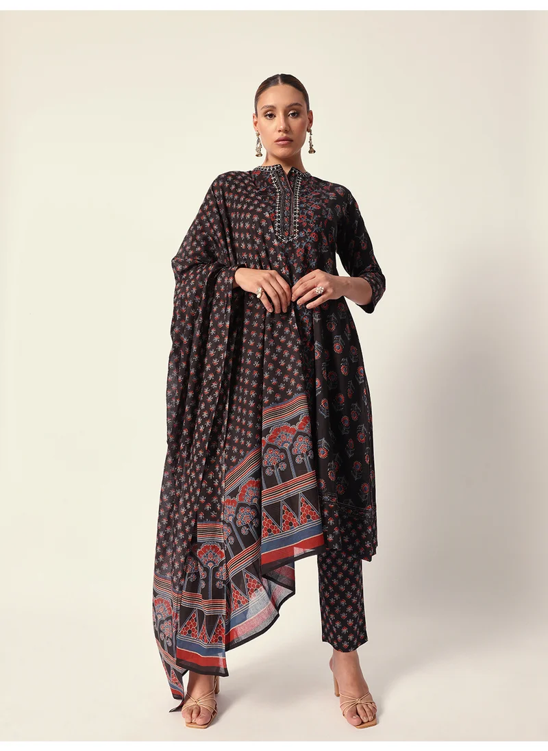 آي شين Women's Black Cotton Textured Tunic Full Palazzo Regular Fit Kurta Set